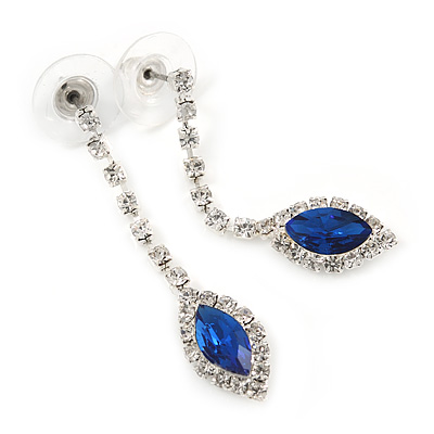 Sapphire Blue/ Clear Crystal Teardrop Earrings In Silver Tone - 45mm L - main view