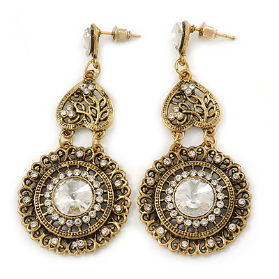 Vintage Inspired Chandelier Clear Crystal Filigree Drop Earrings In Aged Gold Tone - 65mm L