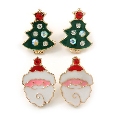 Set of 2 Red/ White/ Green Enamel Christmas Tree/ Christmas Santa Claus Stud Earrings In Gold Plating - 20mm L
