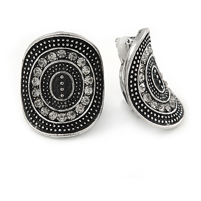 Vintage Inspired Oval Concave Crystal Stud Clip On Earrings In Aged Silver Tone - 25mm L - main view