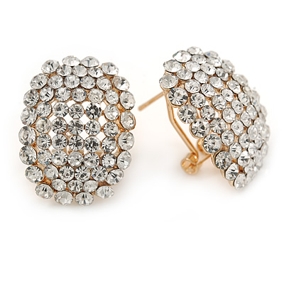 Clear Crystal Dome Shape Oval Stud Earrings In Gold Tone - 25mm L