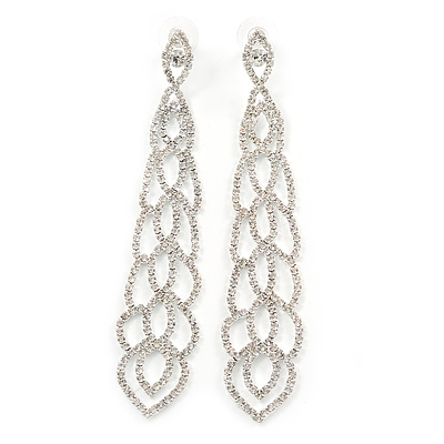 Long Clear Crystal Tie Chadelier Earrings In Silver Tone - 11cm L