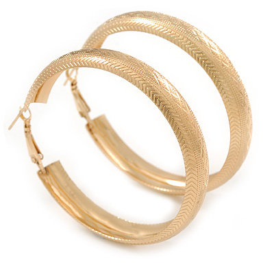 60mm Large Etched Hoop Earrings In Gold Tone Metal