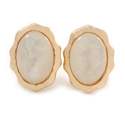 Oval Milky White Glass Stone Clip On Earrings In Gold Plated Metal - 23mm L
