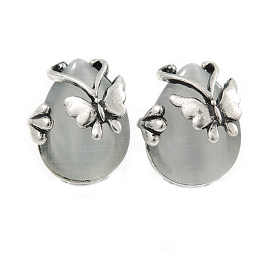 Vintage Inspired Milky White Glass Teardrop with Butterfly Motif Clip On Earrings In Silver Tone - 20mm L - main view