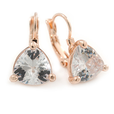 Thrillion Cut Clear CZ Drop Earrings In Rose Gold with Leverback Closure - 20mm L