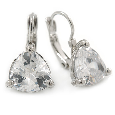 Thrillion Cut Clear CZ Drop Earrings In Rhodium Plating with Leverback Closure - 20mm L