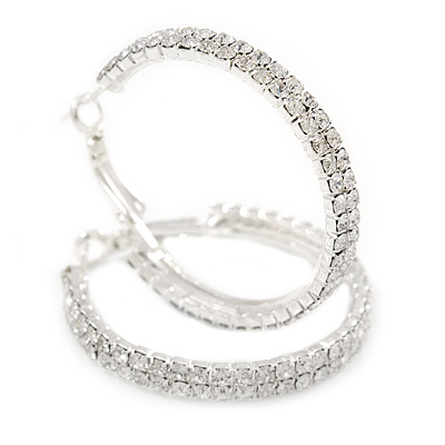 40mm Two Row Clear Crystal Hoop Earrings In Rhodium Plated Alloy