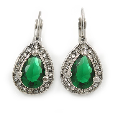 Classic Green/ Clear Cz Teardrop Earrings With Leverback Closure In Silver Plating - 25mm L