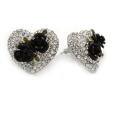 Clear Crystal with Black Rose Motif Stud Heart Earrings In Rhodium Plated Metal - 20mm L - main view