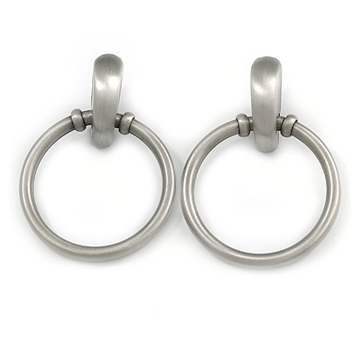 Statement Oversized Hoop Clip On Earrings In Brushed Pewter Tone Metal - 80mm L - main view