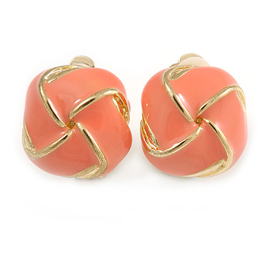Salmon Pink Square Enamel Clip On Earrings In Gold Tone - 20mm