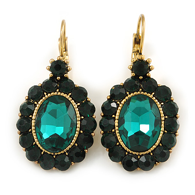 Vintage Inspired Oval Emerald Green Crystal Drop Earrings with Leverback Closure In Antique Gold Tone - 40mm L