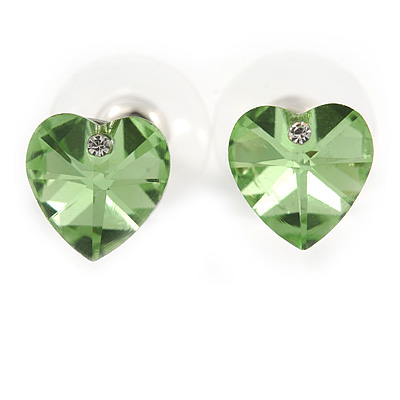 Small Green Glass Heart Stud Earrings In Silver Tone - 10mm Tall