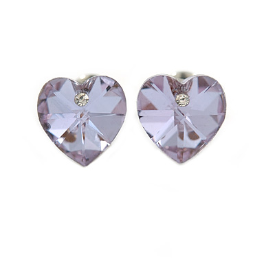 Small Lavender Glass Heart Stud Earrings In Silver Tone - 10mm Tall - main view