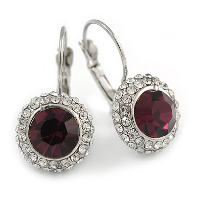 Round Cut Purple Glass/ Clear Crystal Drop Earrings With Leverback Closure In Rhodium Plated Metal - 27mm L