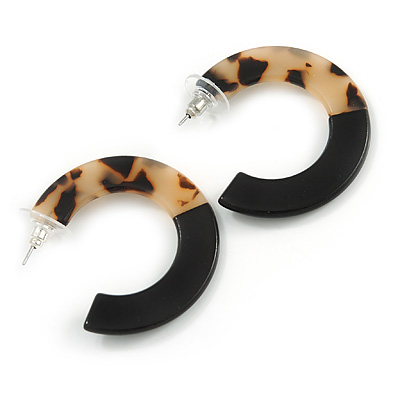 40mm Trendy Animal Print Beige/ Black Acrylic/ Plastic/ Resin Half Hoop, Geometric Earrings with Silver Tone Closure