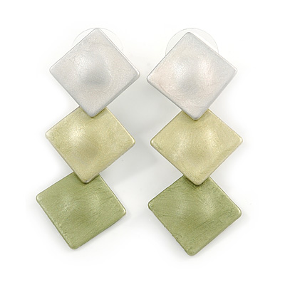 Trendy Pastel Green Triple Square Drop Earrings In Silver Tone - 50mm L
