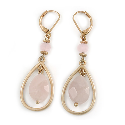 Vintage Inspired Teardrop Earrings with Pink Beads Leverback Closure In Matt Gold Finish - 55mm L