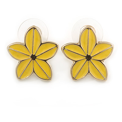 Yellow Enamel Daisy Floral Stud Earrings In Gold Tone Metal - 20mm D