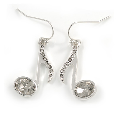 Silver Tone Clear Crystal Musical Note Drop Earrings - 35mm L - main view