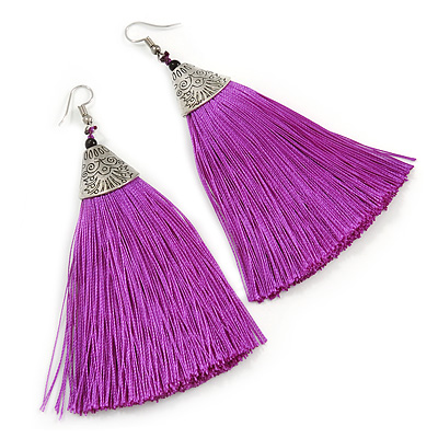 Long Purple Cotton Tassel Earring In Silver Tone - 10cm Long