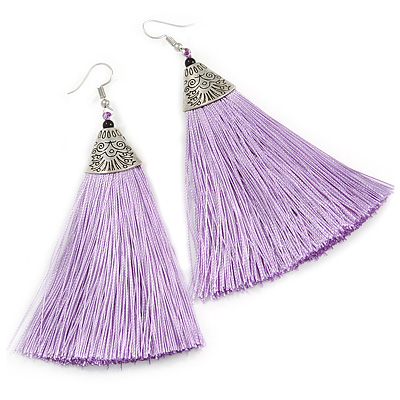 Long Lavender Cotton Tassel Earring In Silver Tone - 10cm Long