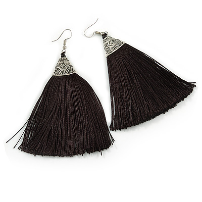 Long Black Cotton Tassel Earring In Silver Tone - 10cm Long