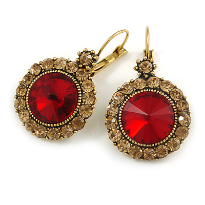 Vintage Inspired Round Cut Topaz/ Red Glass Stone Drop Earrings With Leverback Closure In Antique Gold Metal - 40mm L