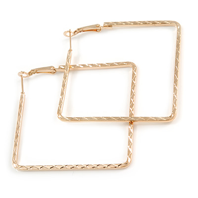 50mm Square Etched Hoop Earrings In Gold Tone