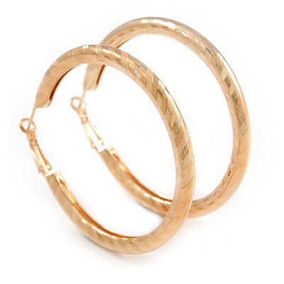 60mm Large Thick Etched Hoop Earrings In Gold Tone