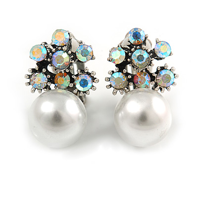 Vintage Inspired AB Crystal Faux Pearl Clip On Earrings In Aged Silver Tone - 25mm Tall