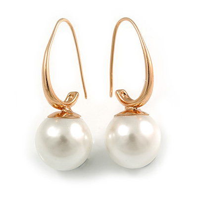 Modern Faux Pearl Ball Bead Drop Earrings In Gold Tone - 35mm Long
