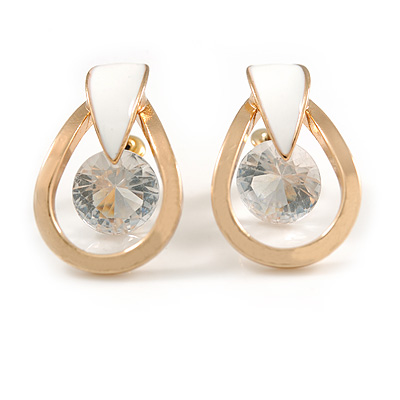 Teardrop with Clear Crystal with Black Enamel Detailing Stud Earrings In Gold Tone - 30mm L