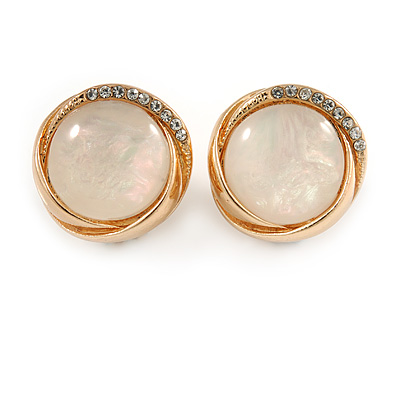 Round Milky White Glass Stone with Crystal Accent Clip On Earrings In Gold Plated Metal - 20mm D