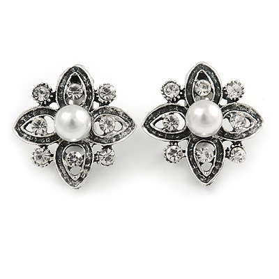 Vintage Inspired Clear Crystal Faux Pearl Floral Clip On Earrings In Aged Silver Tone - 27mm Tall - main view