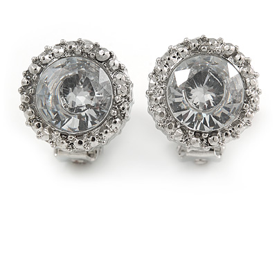 15mm Clear Glass Stone Round Clip On Earrings In Silver Tone