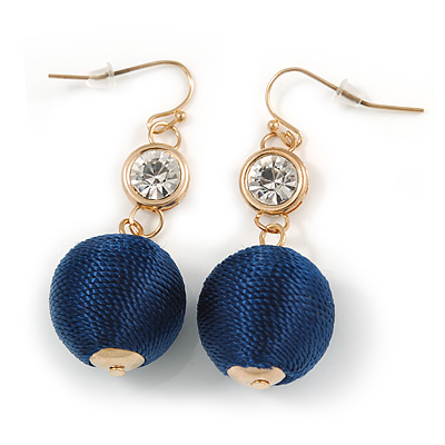 Dark Blue Silk Cord Ball with Clear Crystal Drop Earrings In Gold Tone - 50mm L - main view