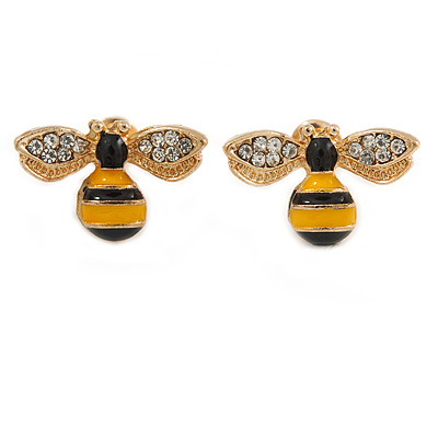 Small Yellow/ Black Enamel Clear Crystal Bee Stud Earrings In Gold Tone Metal - 18mm Across