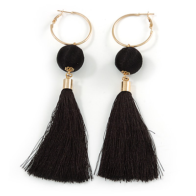 Long Black Cotton Ball and Tassel Hoop Earrings In Gold Tone Metal - 12.5cm L