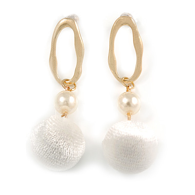 Trendy White Faux Velour Ball with Gold Tone Oval Drop Earrings - 60mm L