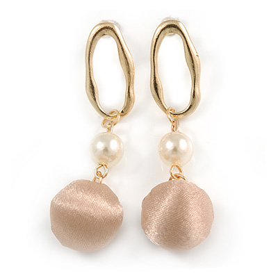 Trendy Pastel Beige Silk Fabric Ball with Gold Tone Oval Drop Earrings - 60mm L