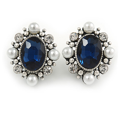 Dark Blue/ Clear Glass Stone, White Faux Pearl Oval Clip On Earrings In Silver Tone - 27mm Tall
