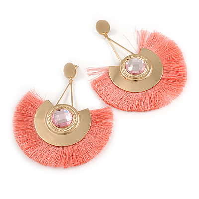 Statement Peach Pink 'Fringe' Chandelier Drop Earrings In Gold Tone - 10.5cm Long - main view