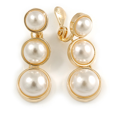 Striking White Faux Pearl Button Drop Clip On Earrings In Gold Plated Metal - 40mm Long