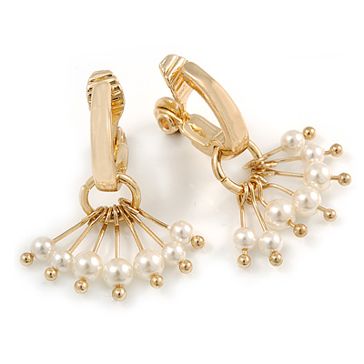 Gold Plated Half Hoop with Dangling Faux Pearl Bead Clip On Earrings - 30mm Tall