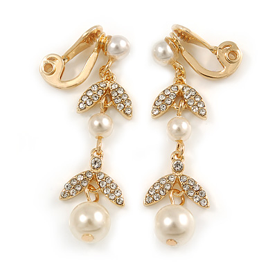 Striking Clear Crystal, Faux Pearl Floral Drop Clip On Earrings In Gold Plated Metal - 45mm Long - main view