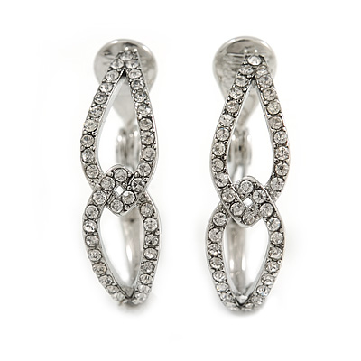 Exquisite Clear Crystal Infinity Clip On Earrings In Silver Plated Metal - 25mm Tall