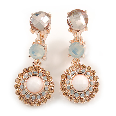 Striking Milky White/ Champagne Crystal Drop Clip On Earrings In Rose Gold Tone Metal - 35mm L