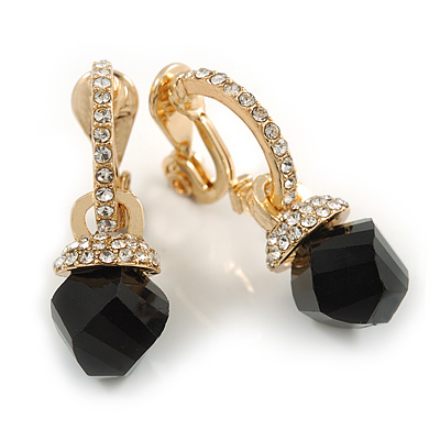 Striking Small Crystal Hoop with a Black Glass Bead Clip On Earrings In Gold Plated Metal - 30mm Long - main view